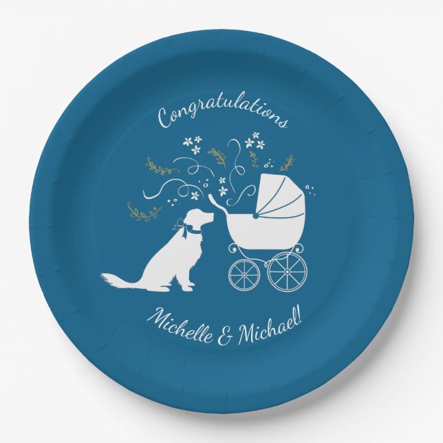 Assiettes En Carton Golden Retriever Baby shower chien bleu garçon (Devant)