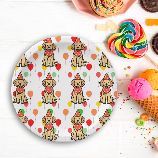Assiettes En Carton Golden Retriever Chiot Plaques de fête d'anniversa (Golden Retriever Puppy Birthday Party Plate.  Cute Cartoon Design for Birthday Party.)