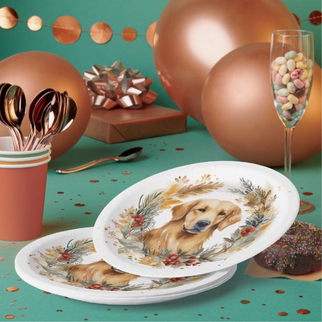 Assiettes En Carton Golden Retriever Christmas Wreath Festive Pup (Multi)