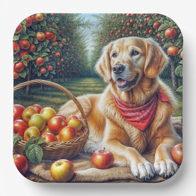 Assiettes En Carton Golden Retriever dans Apple Orchard (Recto)