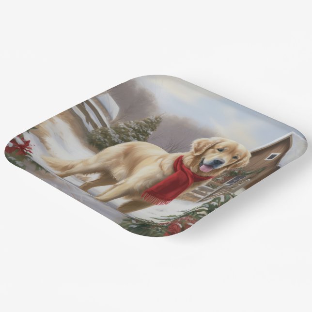 Assiettes En Carton Golden Retriever Dog in Snow Christmas (Angulaire)