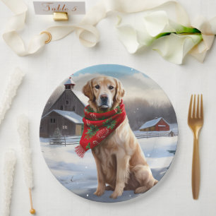 Assiettes En Carton Golden Retriever Dog in Snow Christmas