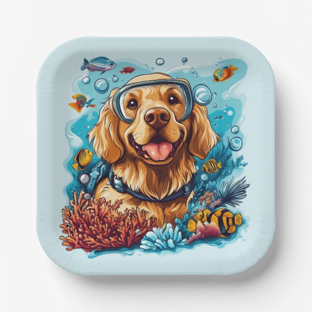 Assiettes En Carton Golden Retriever Dog Snorkeling Coral Reef (Recto)