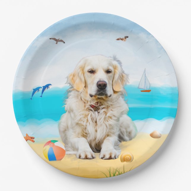 Assiettes En Carton Golden Retriever Dog sur la plage (Devant)