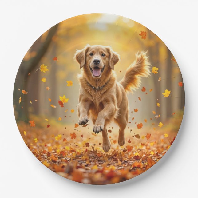 Assiettes En Carton Golden Retriever En Automne Woods (Devant)