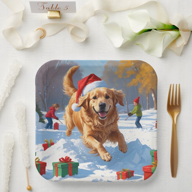 Assiettes En Carton Golden Retriever en neige avec Casquette de Noël (Mariage)