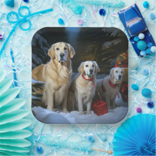 Assiettes En Carton Golden Retriever enneigé Traîneau Décor de Noël