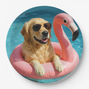 Assiettes En Carton Golden Retriever flottant sur un jouet de piscine