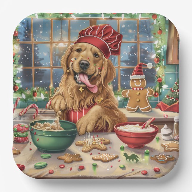 Assiettes En Carton Golden Retriever Gâteau de vacances : Noël festif (Recto)