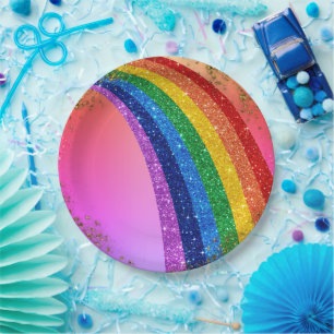 Assiettes En Carton Golden Sparkings et Parties scintillant Rainbow Un