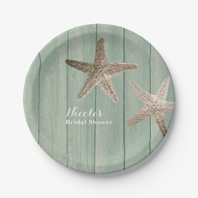 Assiettes En Carton Golden Starfish & Wood Elegant Beach Custom Party (Devant)