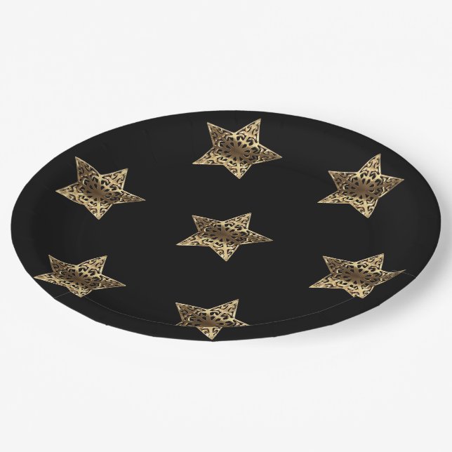 Assiettes En Carton Golden Stars Black and Gold Festive Elégant (Angle)