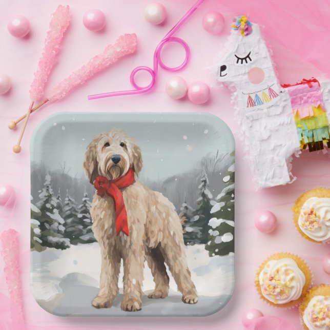 Assiettes En Carton Goldendoodle Chien dans Noël de neige (Fête)