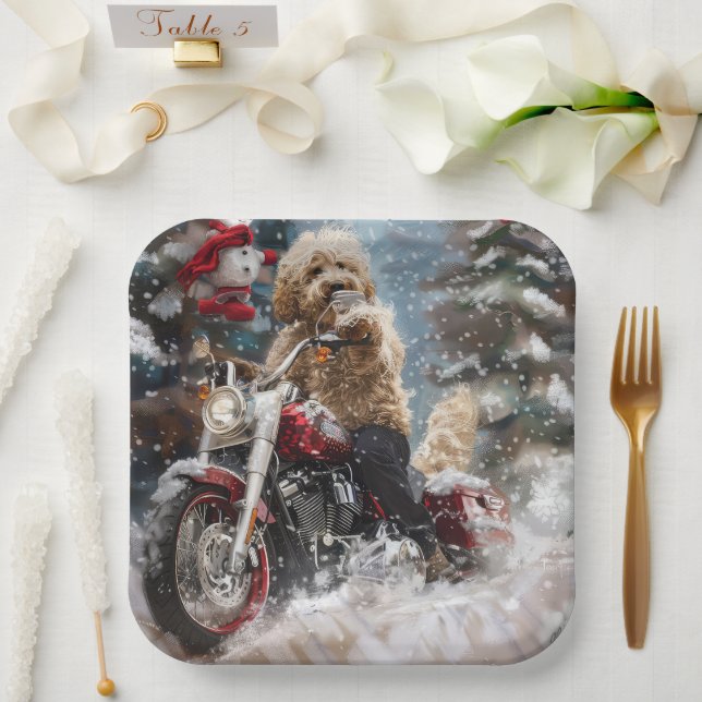 Assiettes En Carton Goldendoodle Chien équitation Moto Noël (Mariage)