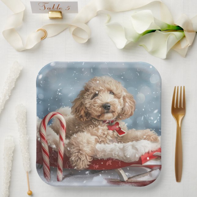 Assiettes En Carton Goldendoodle Chien Festif de Noël (Mariage)