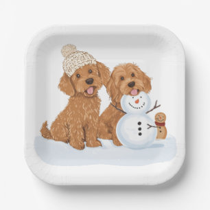 Assiettes En Carton Goldendoodle de Noël bonhomme de neige d'hiver