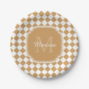 Assiettes En Carton Goldenrod Jaune À damiers Monogramme Avec Nom