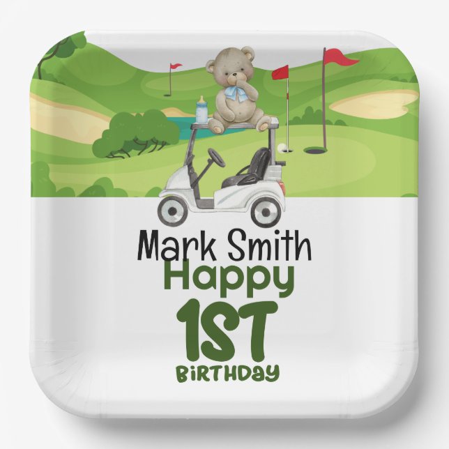 Assiettes En Carton Golf 1er anniversaire golfeur d'un an avec chariot (Recto)