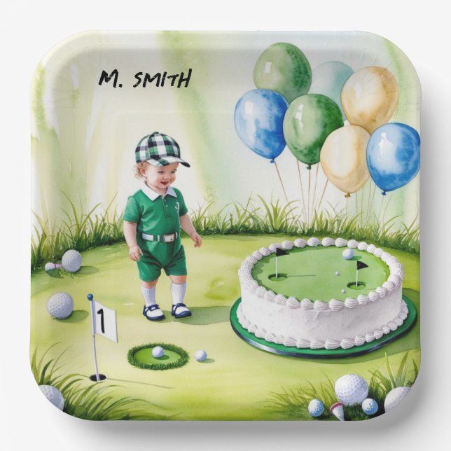 Assiettes En Carton Golf 1er anniversaire golfeur d'un an avec nom (Recto)