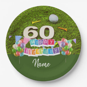 Assiettes En Carton Golf 60e anniversaire golfeur avec ballon sur vert
