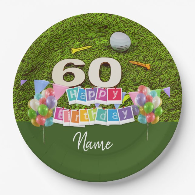 Assiettes En Carton Golf 60e anniversaire golfeur avec ballon sur vert (Devant)