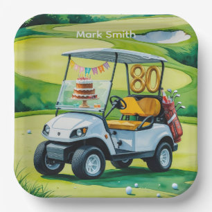Assiettes En Carton Golf 80e anniversaire avec voiturette de golf sur 