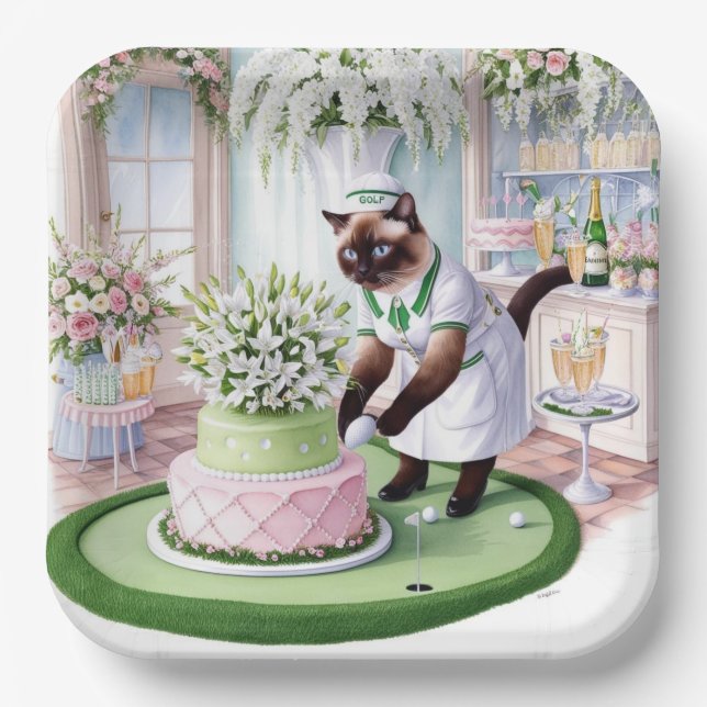 Assiettes En Carton Golf Anniversaire pour Amoureux des chats Golfer (Recto)