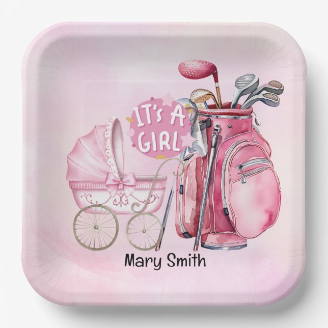 Assiettes En Carton Golf Baby Girl sur rose (Recto)