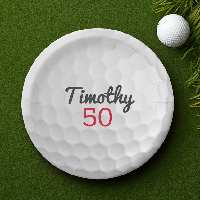 Assiettes En Carton Golf Ball Anniversaire - 50e ou autre année (Golf Theme Birthday Party Plate - Customize with Name Personalize with birthday party information)