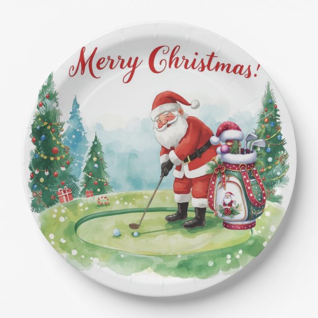 Assiettes En Carton Golf de Noël Père Noël Golfeur au drapeau de golf (Devant)