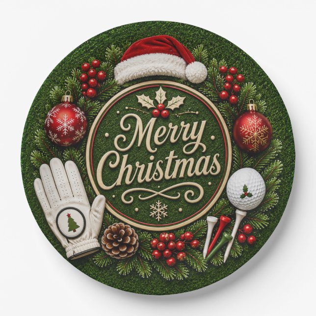 Assiettes En Carton Golf de Noël sur gazon vert (Devant)