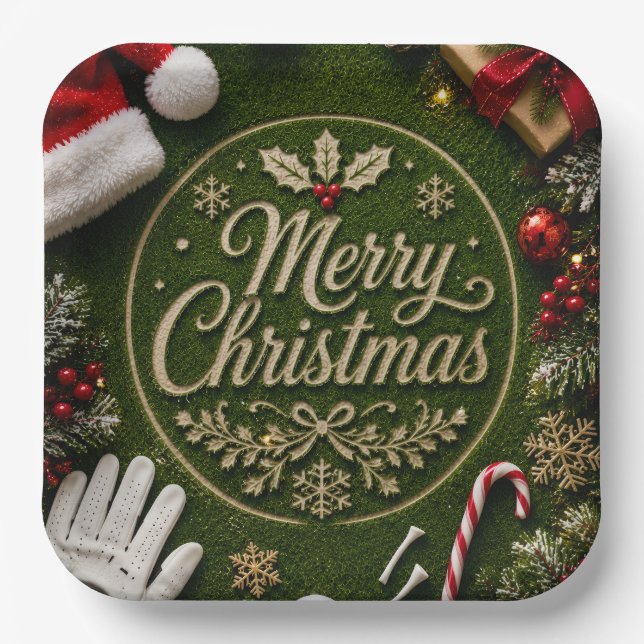 Assiettes En Carton Golf de Noël sur gazon vert (Recto)