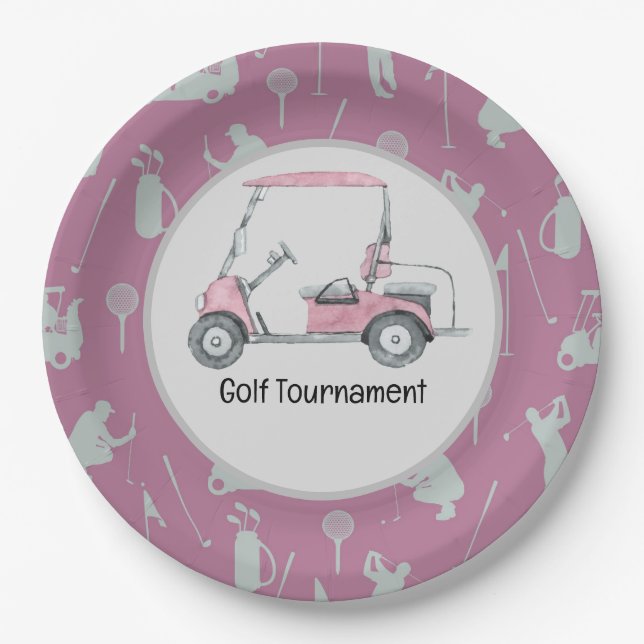 Assiettes En Carton Golf Golfing Golf Cart tournoi de partie rose (Devant)
