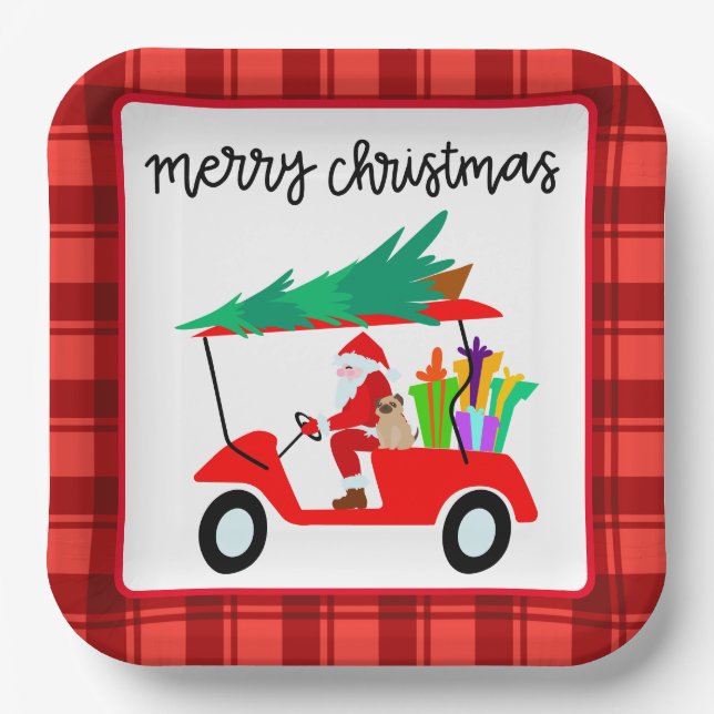 Assiettes En Carton Golf Joyeux Noël avec Père Noël équitation voiture (Recto)