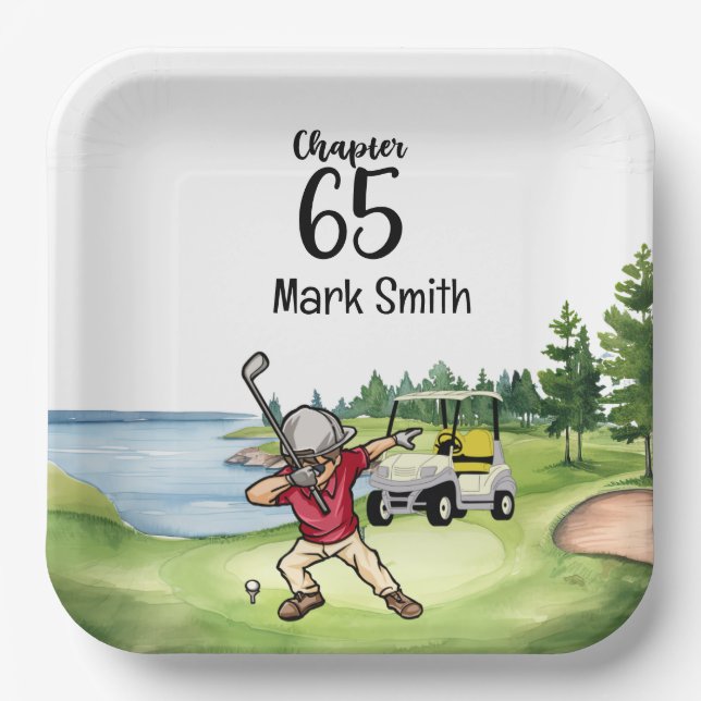 Assiettes En Carton Golfer 65e anniversaire Dabbing avec voiturette de (Recto)