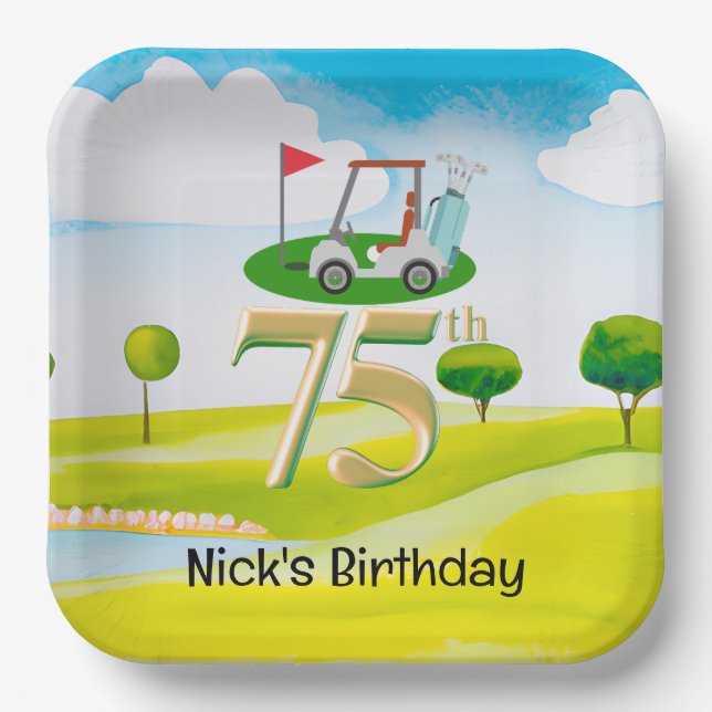 Assiettes En Carton Golfer 75e anniversaire sur le terrain de golf (Recto)