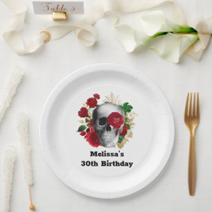 Assiettes En Carton Goth Crâne avec Fleurs rouges et Feuilles d'or Ann