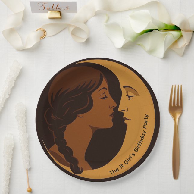 Assiettes En Carton Gothic Art Deco Girl and Crescent Moon editable (Mariage)