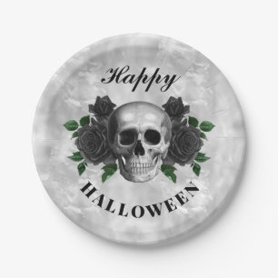 Assiettes En Carton Gothic Black Roses & Skull Joyeux Halloween