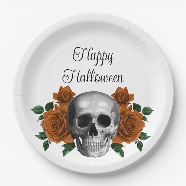 Assiettes En Carton Gothic Floral Skull Happy Halloween (Devant)