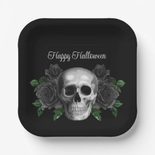 Assiettes En Carton Gothique Crâne Floral Noir Halloween
