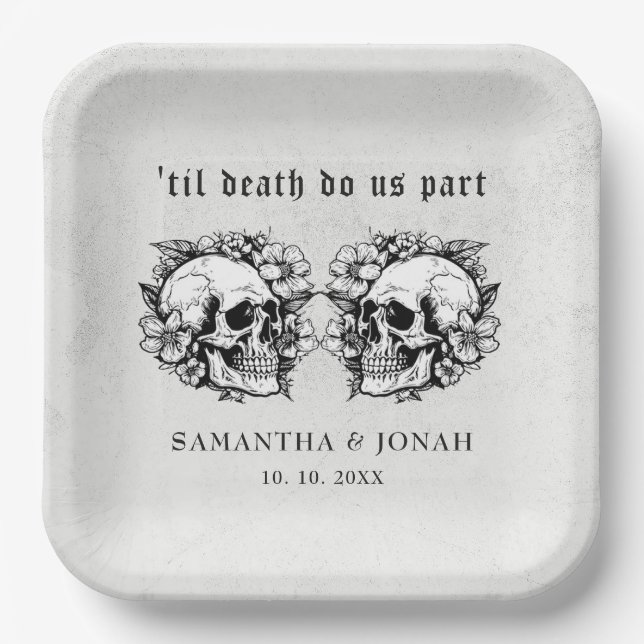 Assiettes En Carton Gothique Floral Crâne Halloween Mariage (Recto)