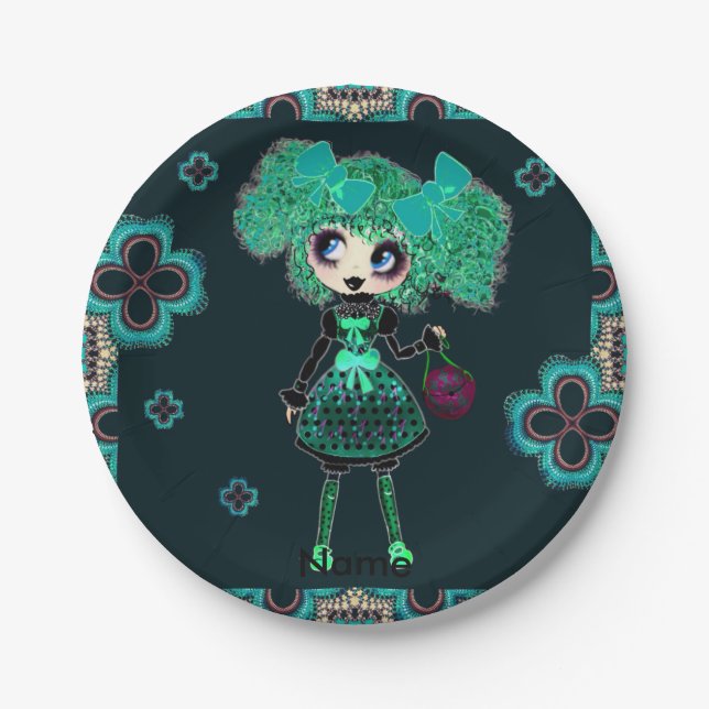 Assiettes En Carton Gothique Lolita enfant émeraude et noir (Devant)