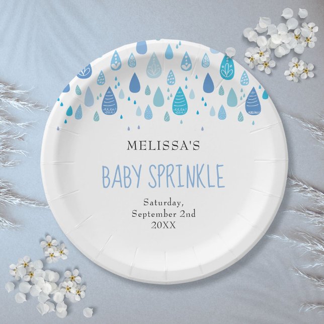 Assiettes En Carton Gouttes de pluie Bleu Bébé Moderne Sprinkle Bébé G (Modern Baby Blue Raindrops Baby Boy Sprinkle Paper Plates)