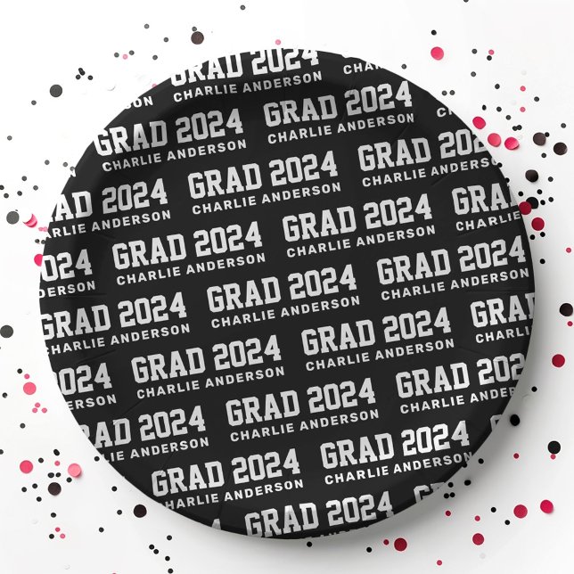 Assiettes En Carton Grad année 2024 nom du diplômé noir blanc (Grad year 2024 graduate name black white paper plates)