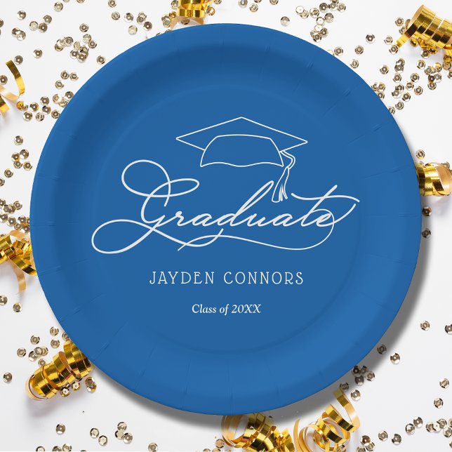 Assiettes En Carton Grad Casquette Blue Grad Graduation (White script grad cap on blue personalized graduation party paper plates, napkins in our store)