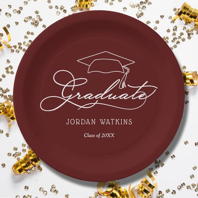Assiettes En Carton Grad Casquette Dark Maroon Graduation (White script grad cap on dark maroon personalized graduation paper plates, napkins in our store)