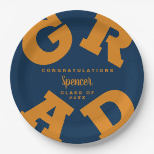 Assiettes En Carton GRAD gras   Orange on Navy Graduation Paper Plates