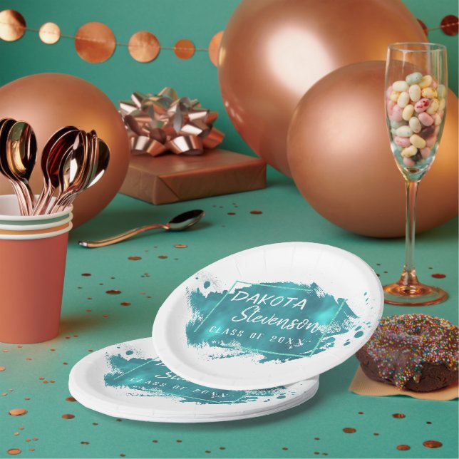 Assiettes En Carton Grad peint | Turquoise Splatter Brushstroke Party (Multi)
