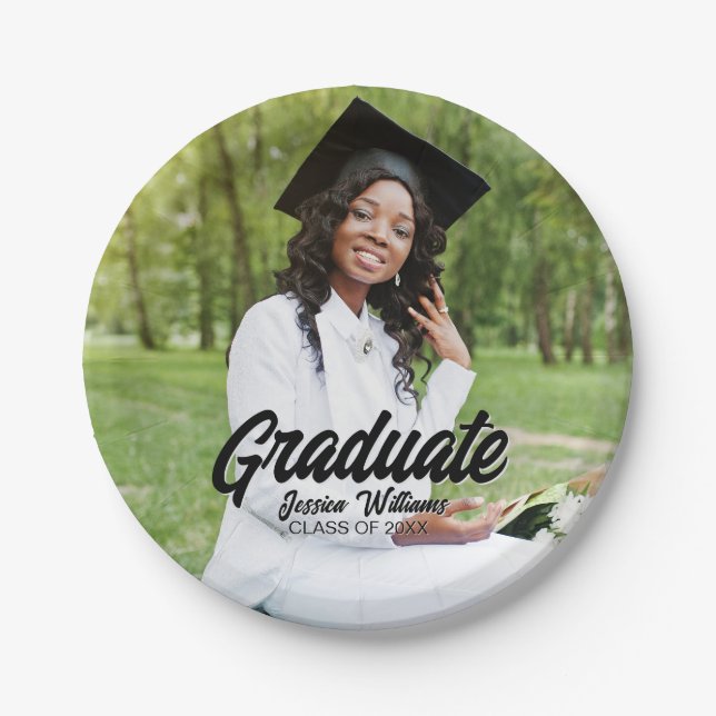 Assiettes En Carton Graduate Photo Bold Black Script Graduation Party (Devant)
